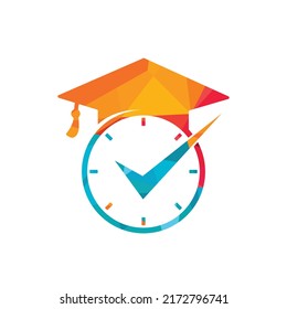Study time vector logo design. Graduation hat with clock and check icon design.	
