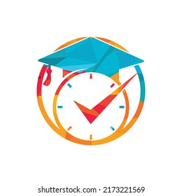 Study time vector logo design. Graduation hat with clock and check icon design.	