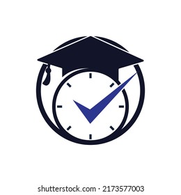 Study time vector logo design. Graduation hat with clock and check icon design.	
