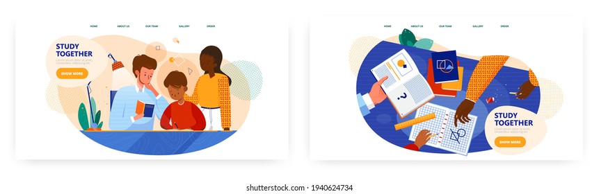 Study together landing page design, website banner vector template set. Multicultural family relationship, parenting.