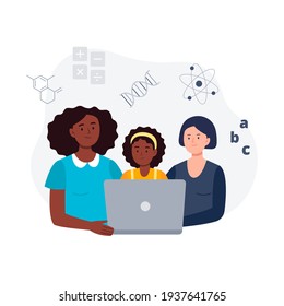 Study Together. Mothers Help Their Daughter Do Homework. Online Education, E-learning, Studying at Home, Tutorials. Vector Flat Illustration.