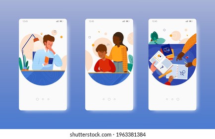 Study together. Multicultural family relationship. Mobile app screen, vector website banner template. UI web site design
