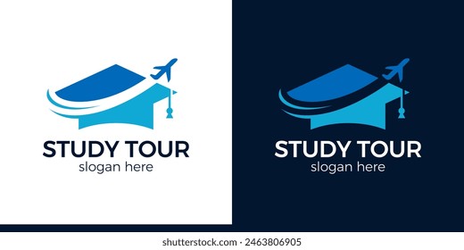 Study tour logo design template. College, Graduate cap, Campus, Education logo with Plane icon. Plane logo. Plane vector. Airplane logo. Airplane icon. Airplane vector.