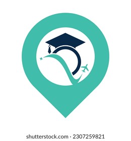 Study travel gps shape concept logo design template. Education hat and air plane logo design logo.