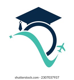 Study travel logo design template. Education hat and air plane logo design logo.