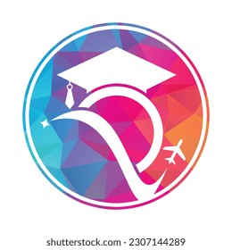 Plantilla de diseño del logotipo de viaje de estudio. Logo del diseño del sombrero de la educación y del logotipo del avión.