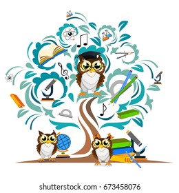 Study the tree and cheerful owls. Vector illustration.