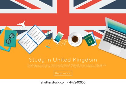 Study in United Kingdom concept for your web banner or print materials. Top view of a laptop, books and coffee cup on national flag. Flat style study abroad website header.