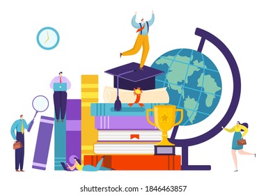 Study in university, education book concept vector illustration. Flat school studying, student learn knowledge background design. Person character learn science, business in library.