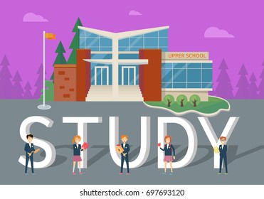 Study in upper school concept. Modern school building with happy pupils on school yard flat vector illustrations. Children's education