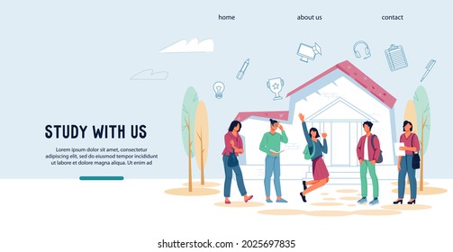 Study with us concept of website for college, university or online educational courses with students, flat vector. University or other educational institution, internet courses webpage template.