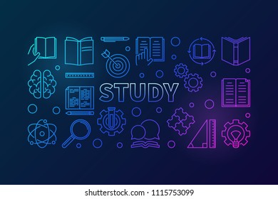 Study vector education blue horizontal illustration in thin line style on dark background