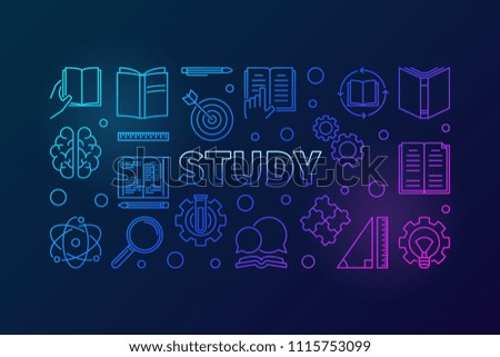 Study vector education blue horizontal illustration in thin line style on dark background