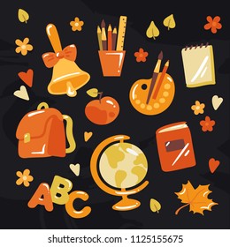 Study vector icon set on blackboard background. Cute hand-drawn illustration of education supplies. Study icons: bell, pencil, brush, ruler, notebook, diary, apple, backpack, ABC, leaves, flowers.