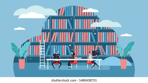 Study vector illustration. Flat tiny book learning process persons concept. Scene with book store, library and students. Project academical information research in literature documents text source.