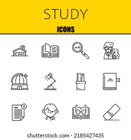 study vector line icons set. school, open book and loupe Icons. Thin line design. Modern outline graphic elements, simple stroke symbols stock illustration