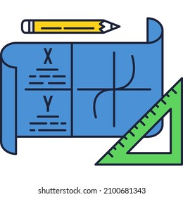 Study vector school math geometry flat icon. Mathematics algebra formula on paper blueprint and stationery. Education concept