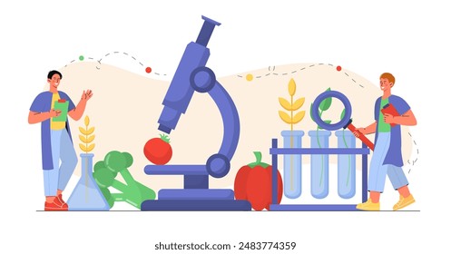 Study of vegetables. Men with microscope and magnifying glass examine vegetables. Analysis of tomato and broccoli. Microbiology and biotechnology. Flat vector illustration isolated on white background