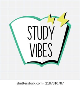 Study Vibes sticker template. School or education label design with open book and lightnings. Vector graphic for study. Flat cartoon.