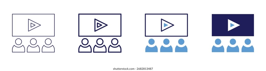 Estude o ícone de vídeo em 4 estilos diferentes. Linha Fina, Linha, Linha Negrito, Duotônico. Estilo duotônico. Traçado editável.