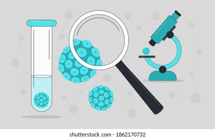 Study of the virus in a test tube, under a magnifying glass and under a microscope. Vector illustration.