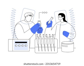 Study viruses in a laboratory abstract concept vector illustration. Scientists in protective gear analyzing viruses, medical research, microbiology sector, pandemic prevention abstract metaphor.