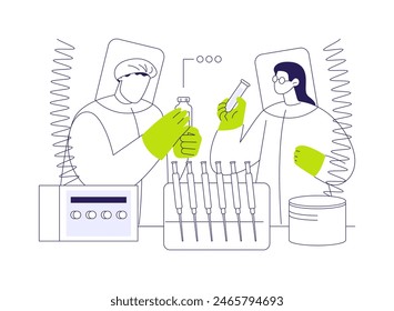 Study viruses in a laboratory abstract concept vector illustration. Scientists in protective gear analyzing viruses, medical research, microbiology sector, pandemic prevention abstract metaphor.