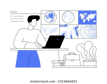 Study weather patterns abstract concept vector illustration. Meteorologist analyzing data from weather stations using computer, environmental meteorologists, earth science abstract metaphor.