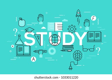 Study word surrounded by books, brain, glasses, graduation cap, laboratory flask. Creative infographic banner with elements in thin line style. Vector illustration for poster, website, advertising.