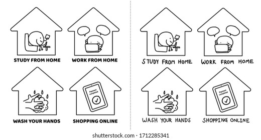 Study and work from home in the house. Washing your hands and shopping online for quatantine and prevent virus. Stay safe doodle art.