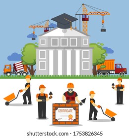 Study work under construction technic in builder college, vector illustration. Construction workers in helmets with wheelbarrows in front university building, obtaining certificate of education.