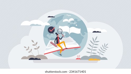 Studying abroad and travel to learn foreign language tiny person concept. International student with global education degree and worldwide experience for academic knowledge vector illustration.