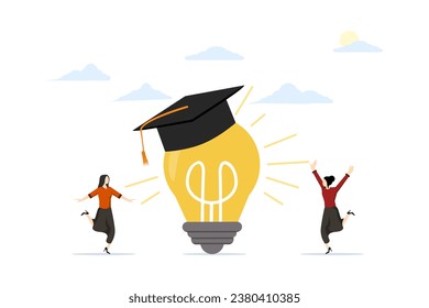 Studying and acquiring new knowledge to create innovation, developing intelligence and logic to discover new opportunities, education and training, woman standing near light bulb in academic hat.
