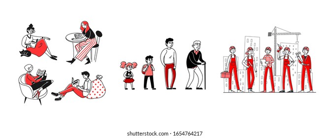 Studying, age, labor set. Students reading book, builders on construction site. Flat vector illustrations. Occupation, job, social group concept for banner, website design or landing web page