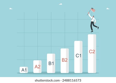 Studying american english language, online courses at language school, english proficiency levels, future brilliant knowledge of language, man with american flag on top of graph with language levels.