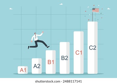 Estudiando inglés americano, cursos en línea en la escuela de idiomas, niveles de dominio del inglés, futuro conocimiento brillante del idioma, el hombre corre en un gráfico ascendente hacia la bandera americana.