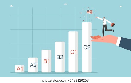 Amerikanisches Englisch lernen, Online-Kurse an der Sprachschule, Englischkenntnisse, zukünftige brillante Sprachkenntnisse, große Hand hilft Mann erreichen die amerikanische Flagge an der Spitze der Grafik.