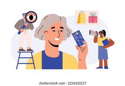 Studying the behavior of consumers and trigger of purchases to increase sales and revenue, flat cartoon vector illustration isolated on white background.