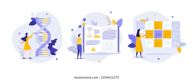 Studying biochemistry flat concept vector illustrations set. DNA helix researching by chemists cartoon composition. Medical laboratory analysis conducting idea for website, mobile, presentation