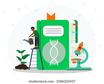 Studying of biology concept. A boy climbs the ladder and is watering a newly grown plant with a large book on DNA behind him. Biology book, microscope, cell, organs, organism, plant, animal. 