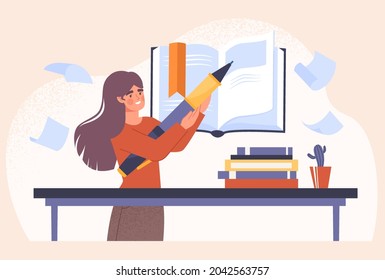 Estudiar con concepto de libro. La mujer escribe un pensamiento importante en el diario o diario. Personaje femenino haciendo deberes. Escuela o universidad. Dibujo vectorial plano de dibujos animados aislado en fondo rosa