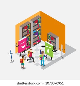 studying with books and students