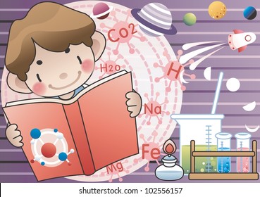 Studying Boy with happy smile - Scientist of the future with laboratory equipments and  phases of the moon with beautiful galaxy on violet background : vector illustration