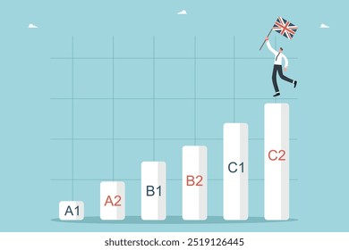 Studying british english language, online courses at language school, english proficiency levels, future brilliant knowledge of language, man with UK flag on top of graph with language levels.