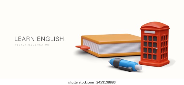 Studying British English. Realistic red phone booth, book, pen