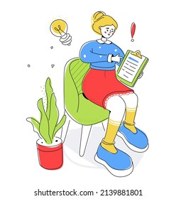 Studying business documents - colorful flat design style illustration with linear elements. Colored composition with cheerful girl sitting on a chair. Great idea, attention to detail, thinking process
