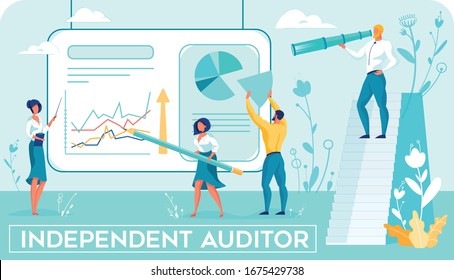 Studying Business Transactions Company as Part Professional Team. Independent Auditors Working. People with Pointers, Pens and Telescopes Examining Diagrams and Graphs. Flat Vector Banner.