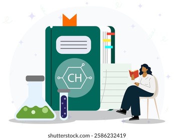 Studying of chemistry concept. A woman sitting on chair to reading of book. Chemistry book, beaker, chemical solutions, compound, reaction. 