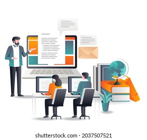 Studying in class with laptop in flat design