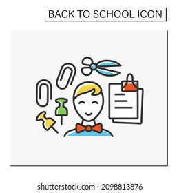 Studying color icon. Handicraft lesson. Equipment. Scissors, paper and paper clips.Education concept. Isolated vector illustration